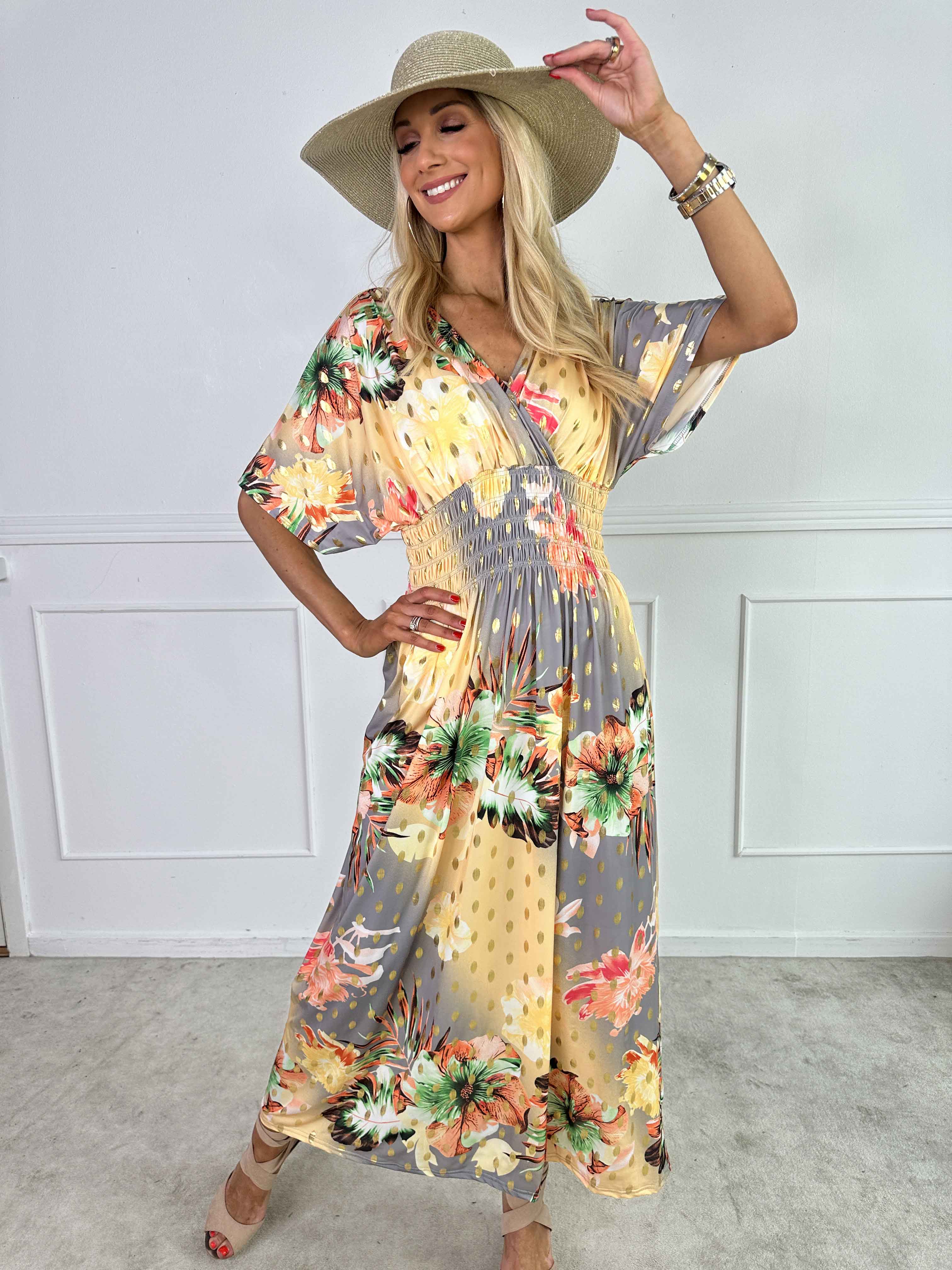 Pams Hawaii - Lang kjole i elastisk stof med blomsterprint